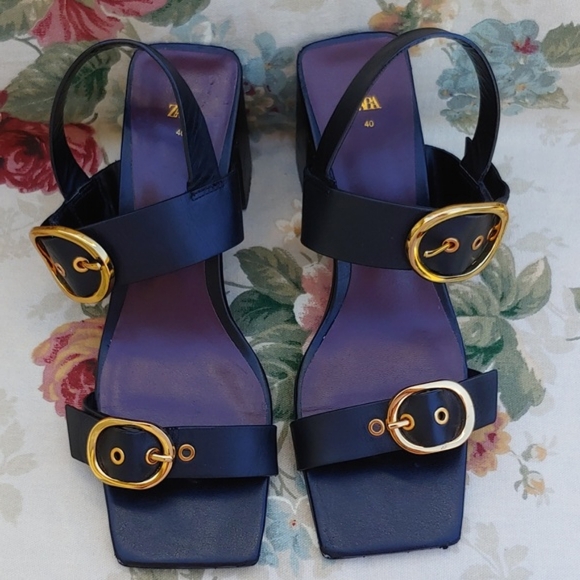 Zara Women's Black and Gold Tone Block Heel Dress Sandals Size EU 40 US 9 - Picture 11 of 17